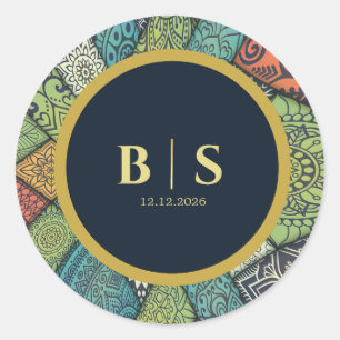 Mosaic Muslim Wedding Round Sticker, Personalised Classic Round Sticker