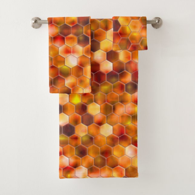 Mosaic of hexagons on spots in reddish tones throw bath towel set (Insitu)