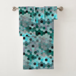 Mosaic of hexagons or cubes in shades cyan to grey bath towel set