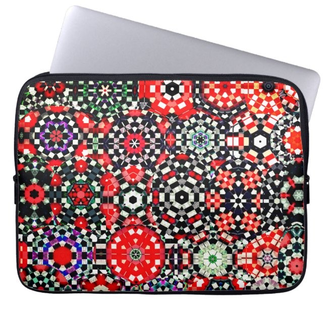 Mosaic of kaleidoscope chess hexagon, red black to laptop sleeve (Front)