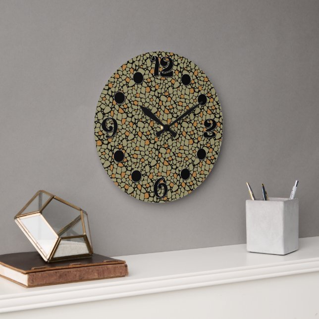 Mosaic olive brown green tile abstract camouflage large clock (Office)