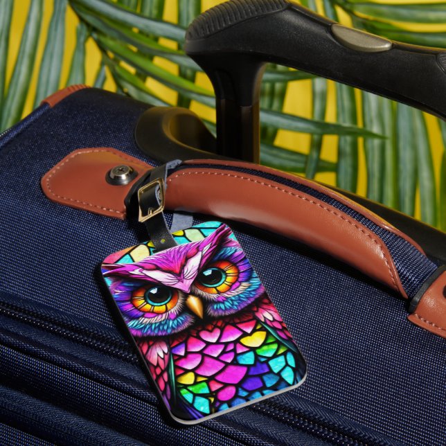 Mosaic owl luggage tag (Front Insitu 1)
