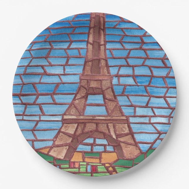 Mosaic Painting Eiffel Tower Paper Plates (Front)