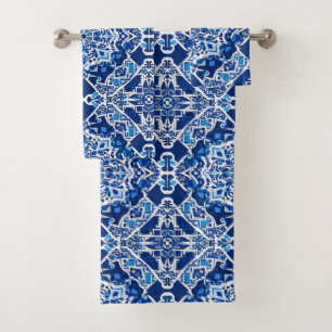 Mosaic Pattern in Indigo and Cobalt Blue   Bath Towel Set