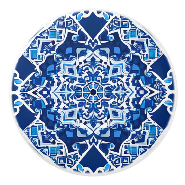 Mosaic Pattern in Indigo and Cobalt Blue   Ceramic Knob (Front)