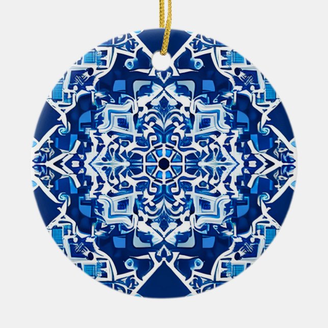 Mosaic Pattern in Indigo and Cobalt Blue   Ceramic Tree Decoration (Front)
