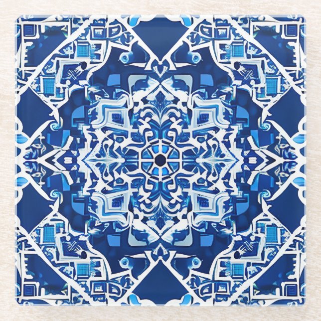 Mosaic Pattern in Indigo and Cobalt Blue Glass Coaster (Front)