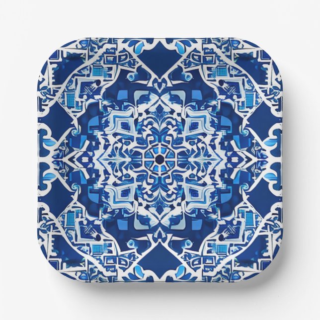 Mosaic Pattern in Indigo and Cobalt Blue   Paper Plate (Front)