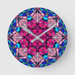 Mosaic Pink Mandala Floral Psychedelic Retro Round Clock