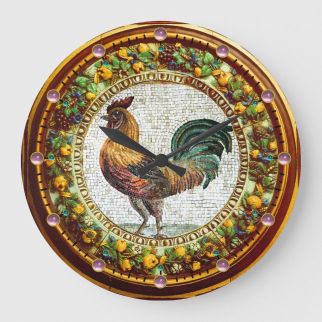 MOSAIC ROOSTER, ANTIQUE FLORAL CROWN WITH FRUITS LARGE CLOCK (Front)