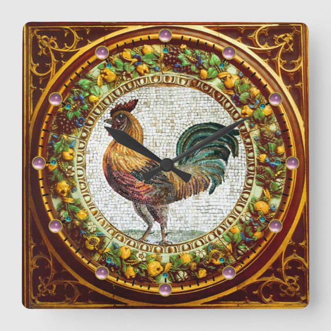 MOSAIC ROOSTER, ANTIQUE FLORAL CROWN WITH FRUITS SQUARE WALL CLOCK (Front)
