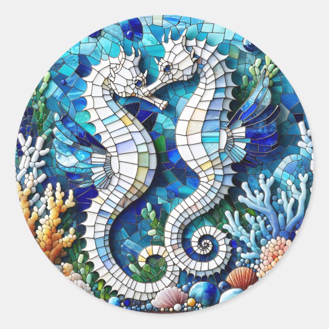 Mosaic Seahorses Romantic Beachy   Classic Round Sticker (Front)
