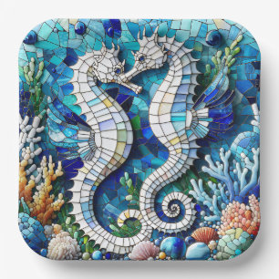 Mosaic Seahorses Romantic Beachy Paper Plate