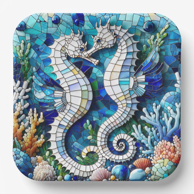 Mosaic Seahorses Romantic Beachy   Paper Plate (Front)