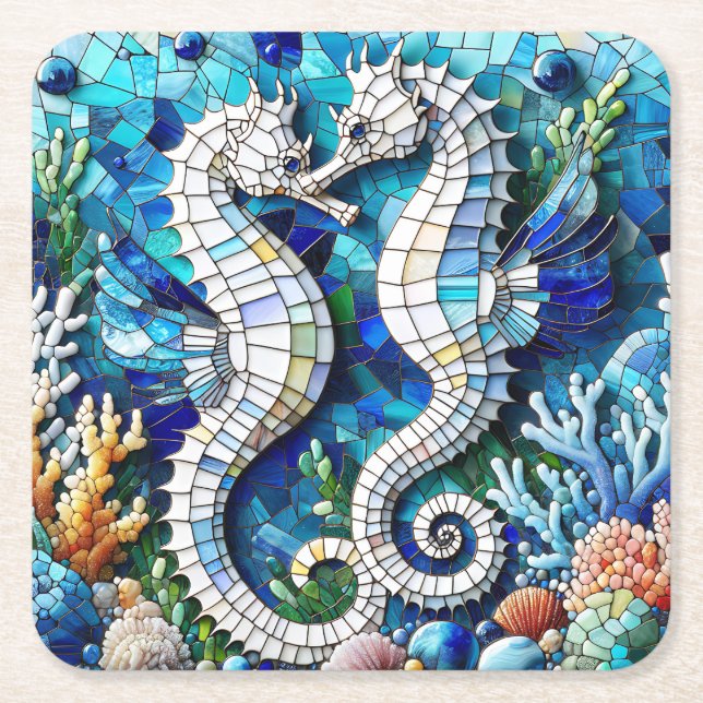 Mosaic Seahorses Romantic Beachy   Square Paper Coaster (Front)