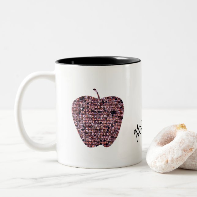 Mosaic Stained Glass Apple Teacher's Name Two-Tone Coffee Mug (With Donut)