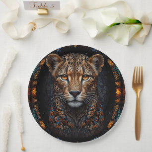 Mosaic Stained Glass Cheetah Portrait  Paper Plate