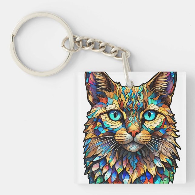 Mosaic Stained Glass Multicolor Cat 760 Key Ring (Front)