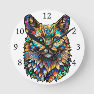 Mosaic Stained Glass Multicolor Cat 760 Round Clock