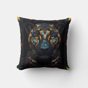 Mosaic Stained Glassed Black Panther Portrait  Cushion