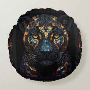 Mosaic Stained Glassed Black Panther Portrait Round Cushion