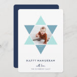 Mosaic Star | Hanukkah Photo Holiday Card<br><div class="desc">Elegant and modern Hanukkah photo card features a favourite photo set inside a Star of David accented with bright shades of blue for a unique mosaic effect,  on a white background. "Happy Hanukkah" appears beneath in modern,  clean white lettering. Personalise with your names along the bottom.</div>