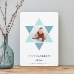 Mosaic Star | Hanukkah Photo Holiday Card<br><div class="desc">Elegant and modern Hanukkah photo card features a favourite photo set inside a Star of David accented with bright shades of blue for a unique mosaic effect,  on a white background. "Happy Hanukkah" appears beneath in modern,  clean white lettering. Personalise with your names along the bottom.</div>