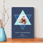 Mosaic Star | Hanukkah Photo Holiday Card<br><div class="desc">Elegant and modern Hanukkah photo card features a favourite photo set inside a Star of David accented with bright shades of blue for a unique mosaic effect,  on a rich navy background. "Happy Hanukkah" appears beneath in modern,  clean white lettering. Personalise with your names along the bottom.</div>