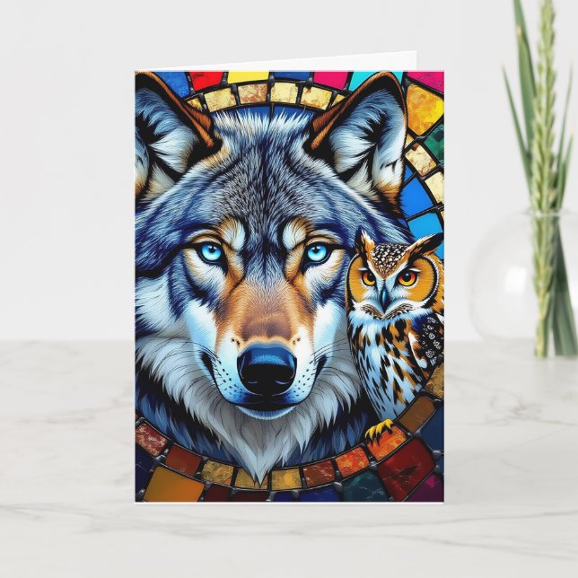 Mosaic Style Owl and Wolf | Happy Birthday Card (Front)