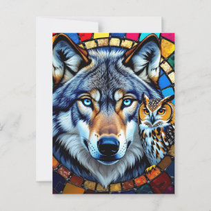 Mosaic Style Owl and Wolf   Keeping in Touch Postcard