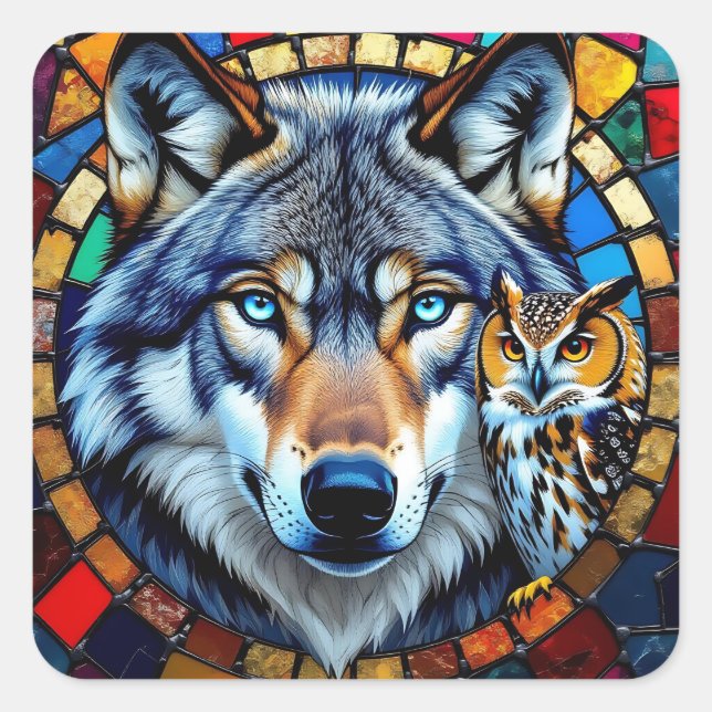 Mosaic Style Owl and Wolf Wildlife Vibrant Square Sticker (Front)