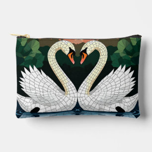 Mosaic Swan Couple Forming Heart Shape Accessory Pouch