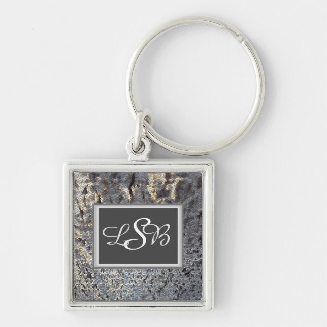 Mosaic Tile Elegant Black Grey Monogram Key Ring (Front)
