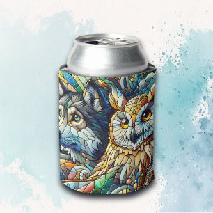 Mosaic Tile Wolf and Owl Can Cooler