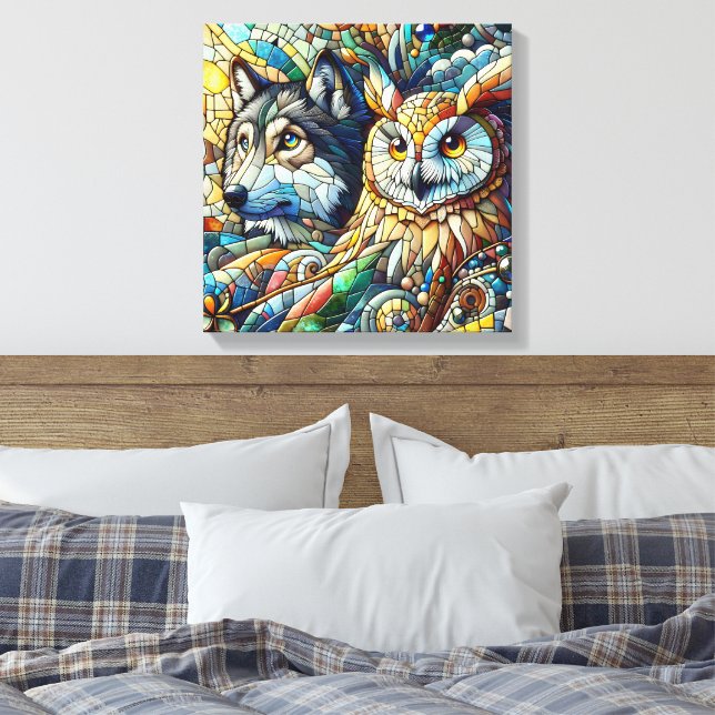 Mosaic Tile Wolf and Owl Canvas Print (Insitu(Bedroom))