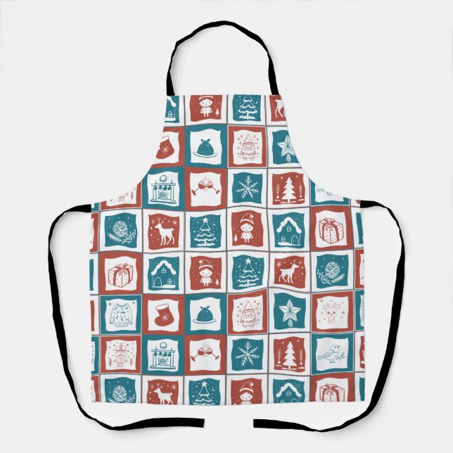 Mosaic Tiled Advent Christmas Green Red Pattern Apron (Front)