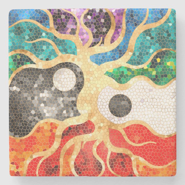 Mosaic Tree of life - Yin Yang Stone Coaster (Front)