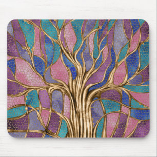 Mosaic Tree - Purples and Gold Mouse Mat