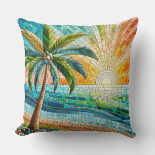 Mosaic Tropical Beach Sunset Palm Cushion