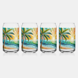 Mosaic Tropical Beach Sunset Palm Tree Can Glass