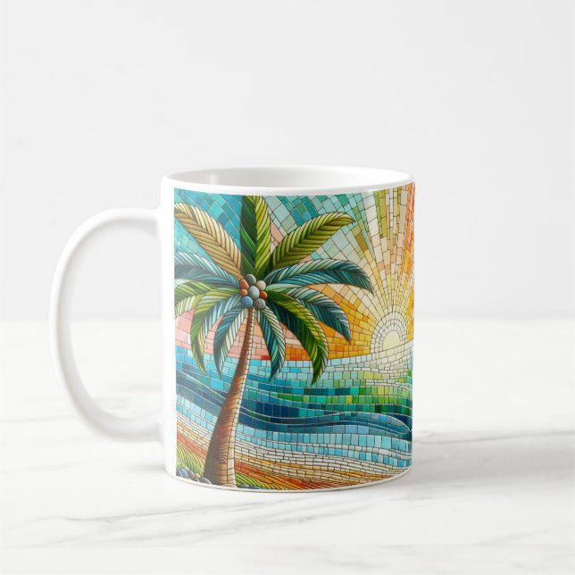 Mosaic Tropical Beach Sunset Palm Tree Coffee Mug (Left)