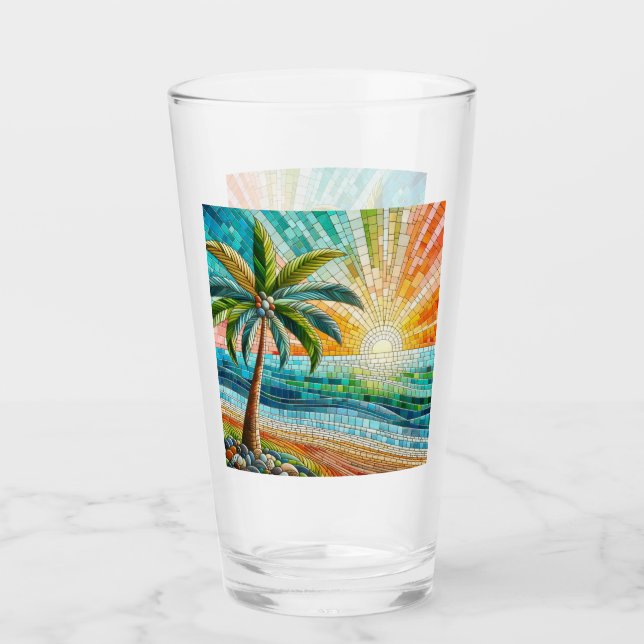 Mosaic Tropical Beach Sunset Palm Tree Glass (Front)