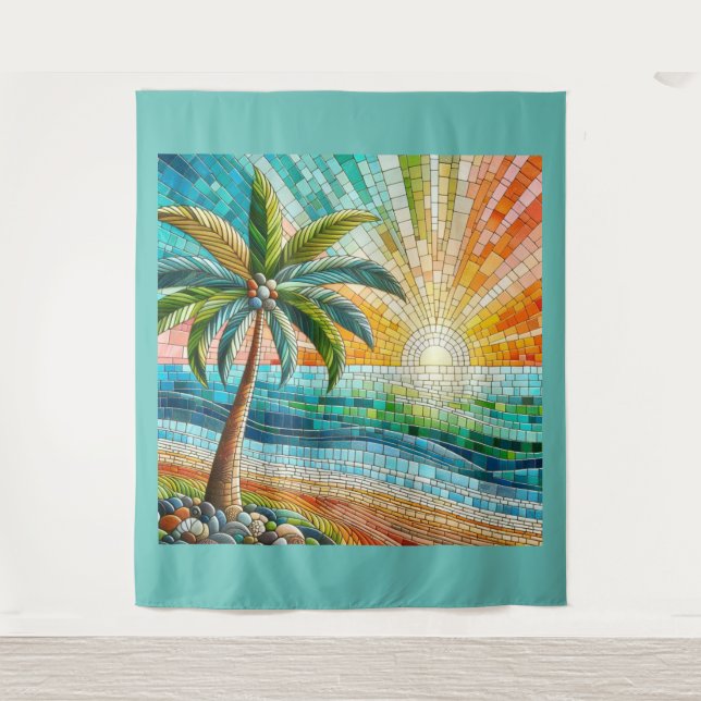 Mosaic Tropical Beach Sunset Palm Tree Lg Tapestry (Front)