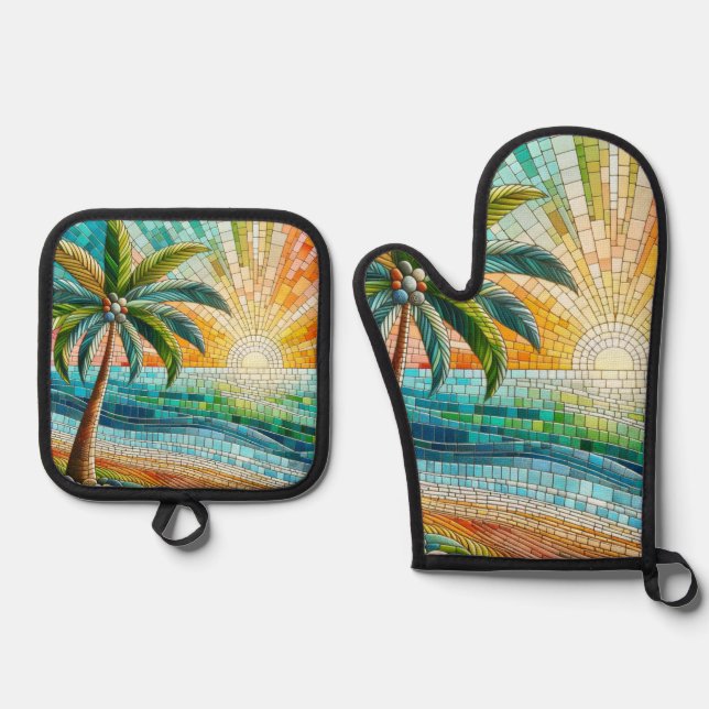 Mosaic Tropical Beach Sunset Palm Tree Oven Mitt & Pot Holder Set (Front)