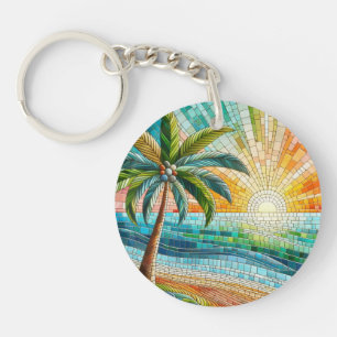 Mosaic Tropical Beach Sunset Palm Tree Round Key Ring