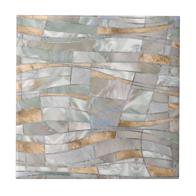 Mosaic Waves Art - Pearl and Pastel Gold Tile (Front)