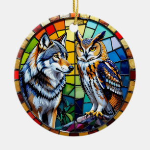 Mosaic Wolf and Owl  Art Personalised Christmas Ceramic Tree Decoration
