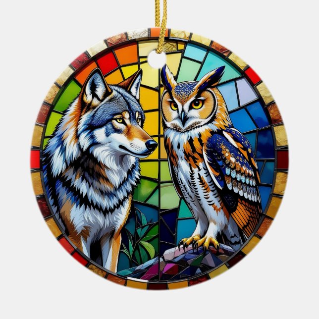 Mosaic Wolf and Owl  Art Personalised Christmas Ceramic Tree Decoration (Front)