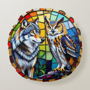 Mosaic Wolf and Owl Vibrant and Colourful Wildlife Round Cushion
