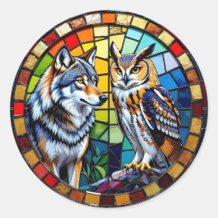 Mosaic Wolf and Owl Vibrant Art Classic Round Sticker